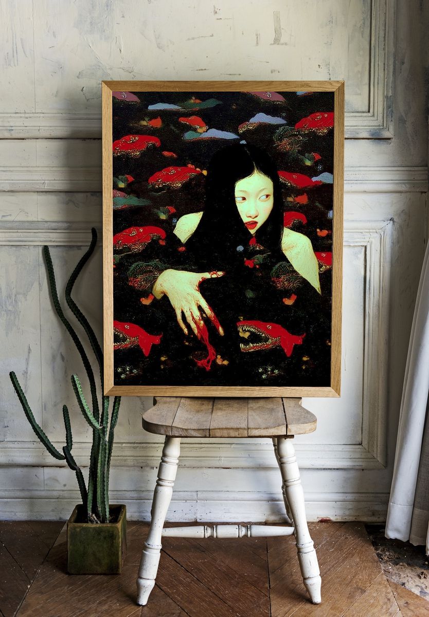 Surreal Girl and Koi Print. — room view 1