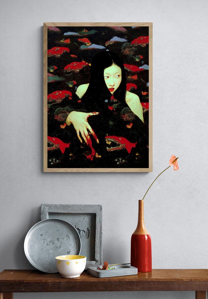 Surreal Girl and Koi Print. — room view 3