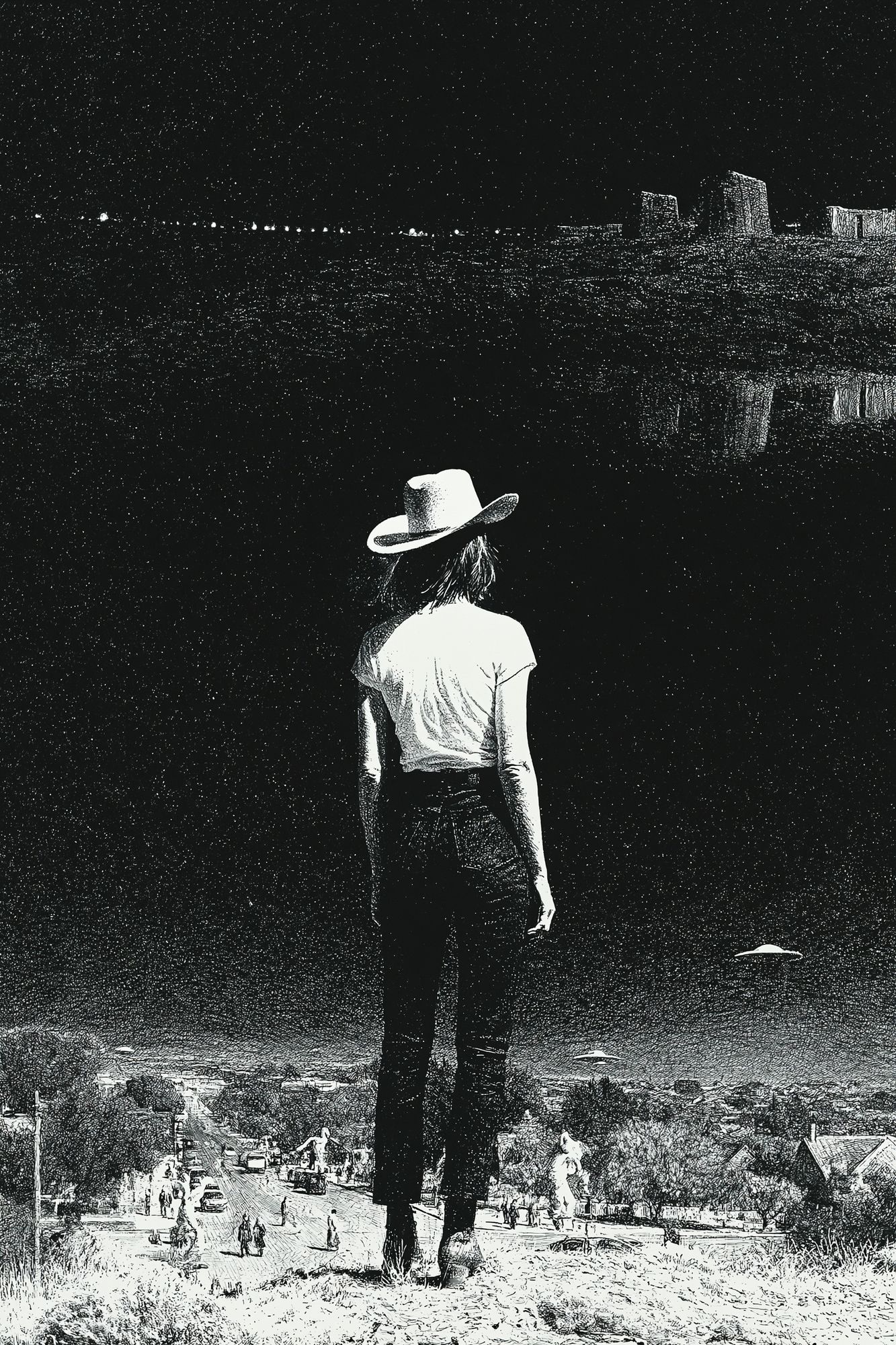Cowgirl Overlooking Desert Town Print. poster — fine-art art
