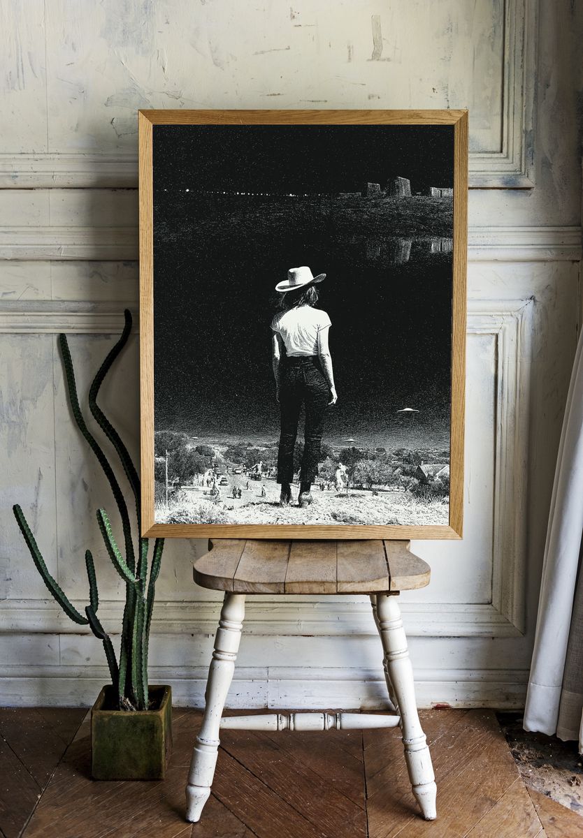 Cowgirl Overlooking Desert Town Print. — room view 1