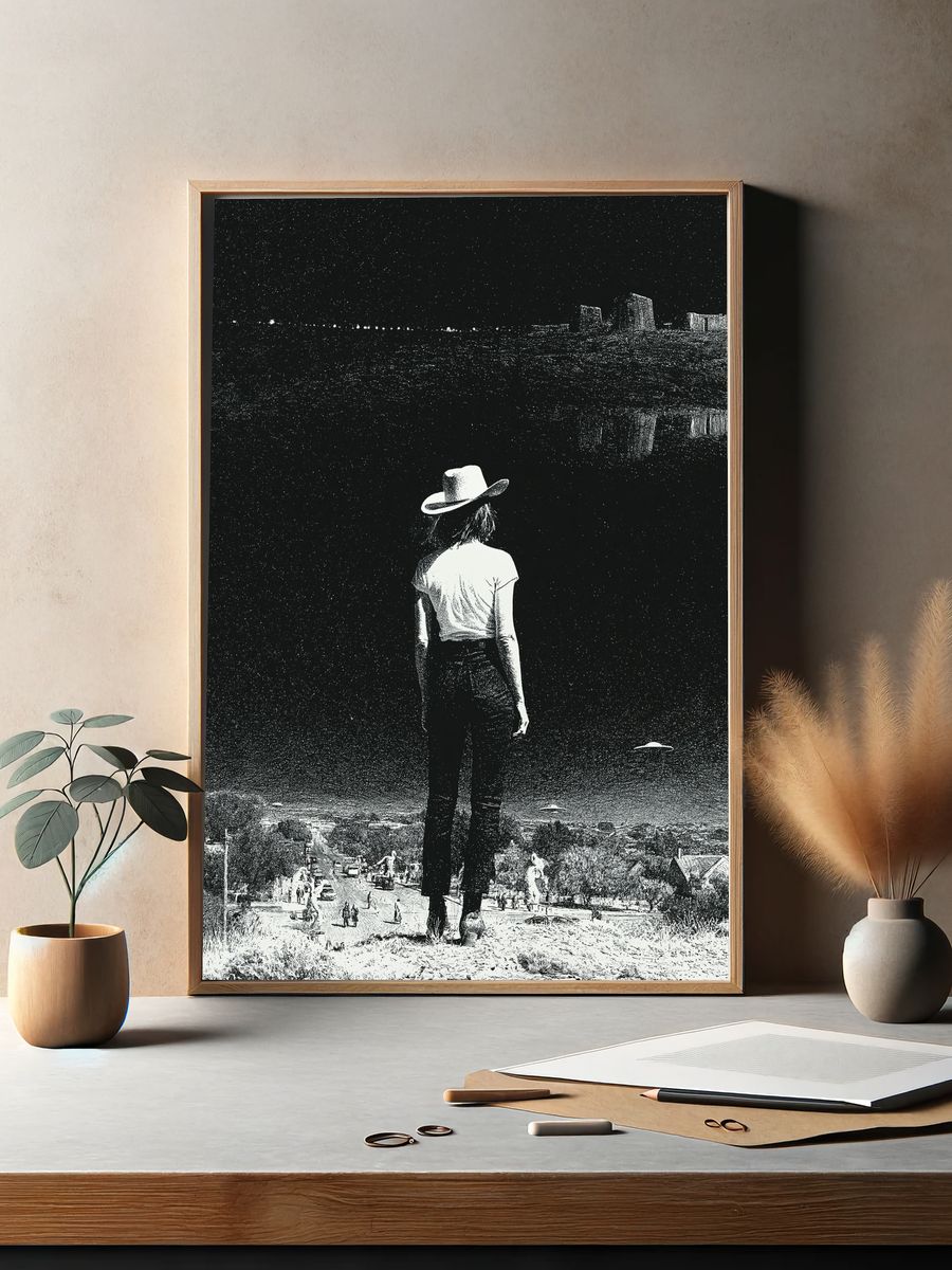 Cowgirl Overlooking Desert Town Print. — room view 2
