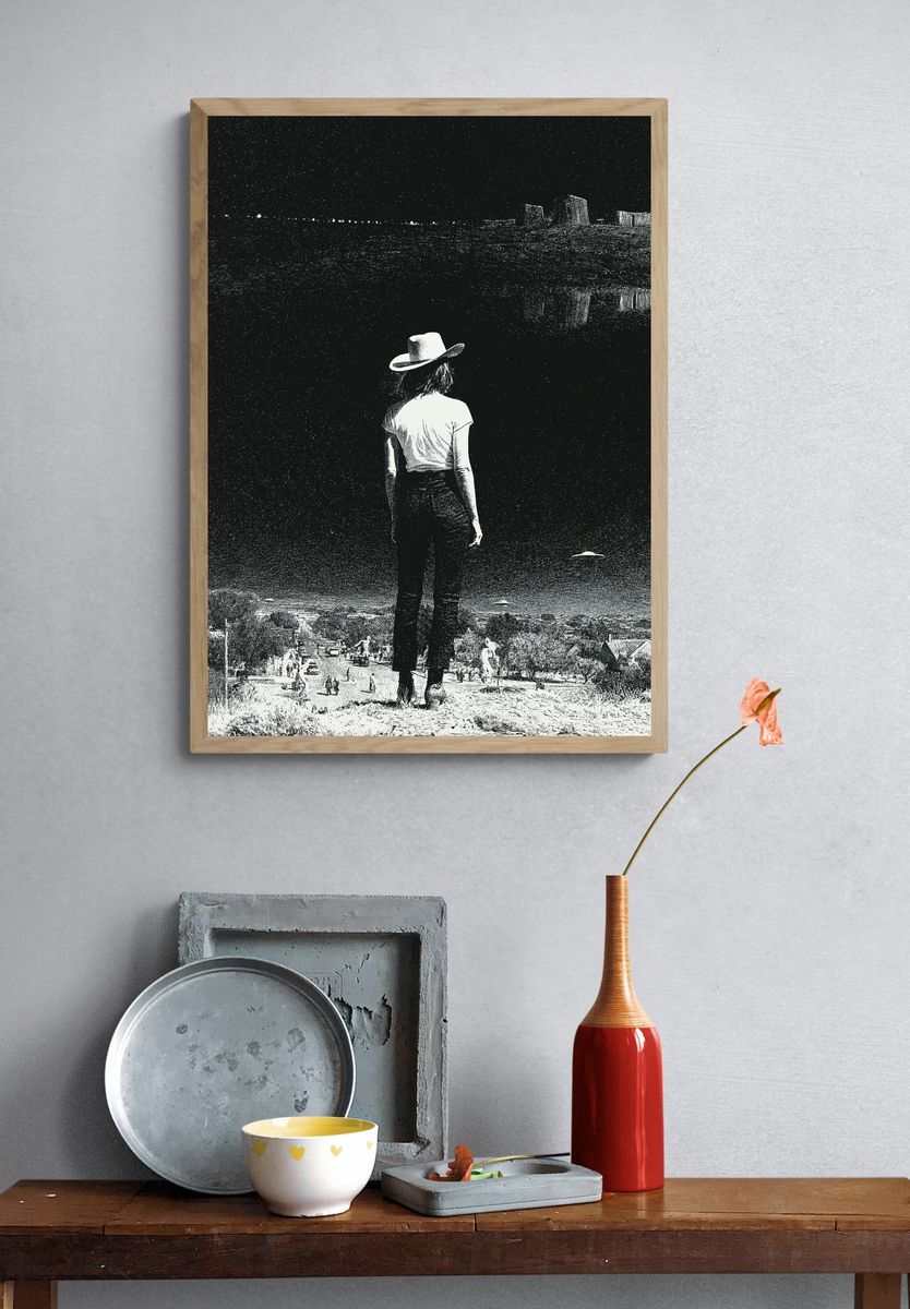 Cowgirl Overlooking Desert Town Print. — room view 3