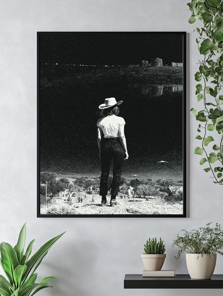 Cowgirl Overlooking Desert Town Print. — room view 4