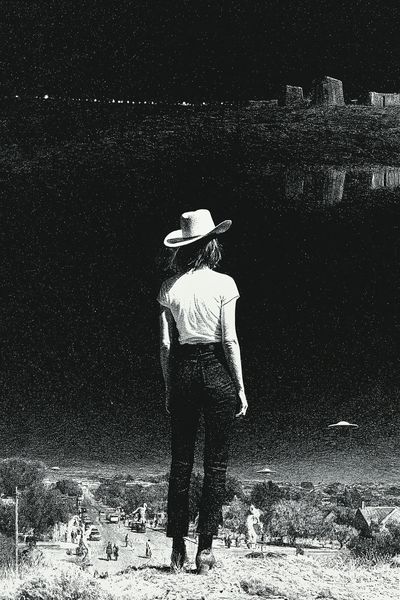 Cowgirl Overlooking Desert Town Print.