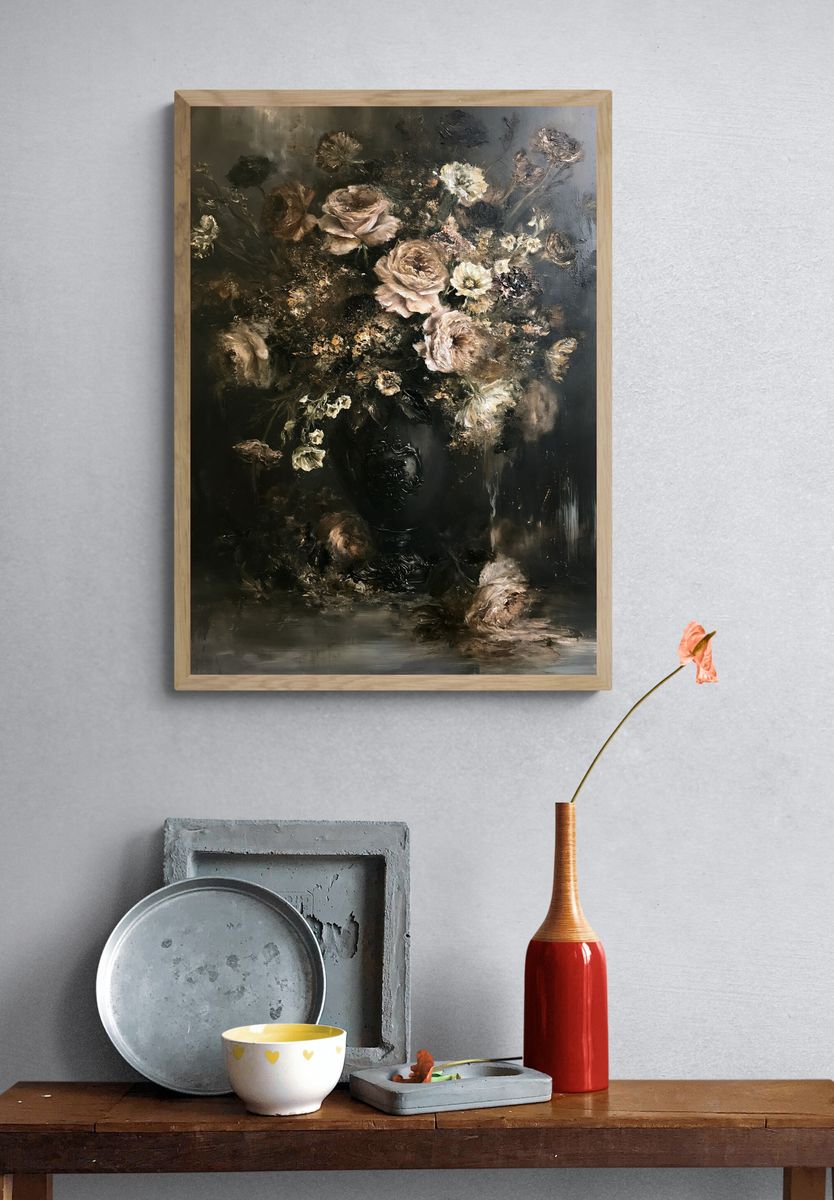 Dark Floral Still Life Poster. — room view 3