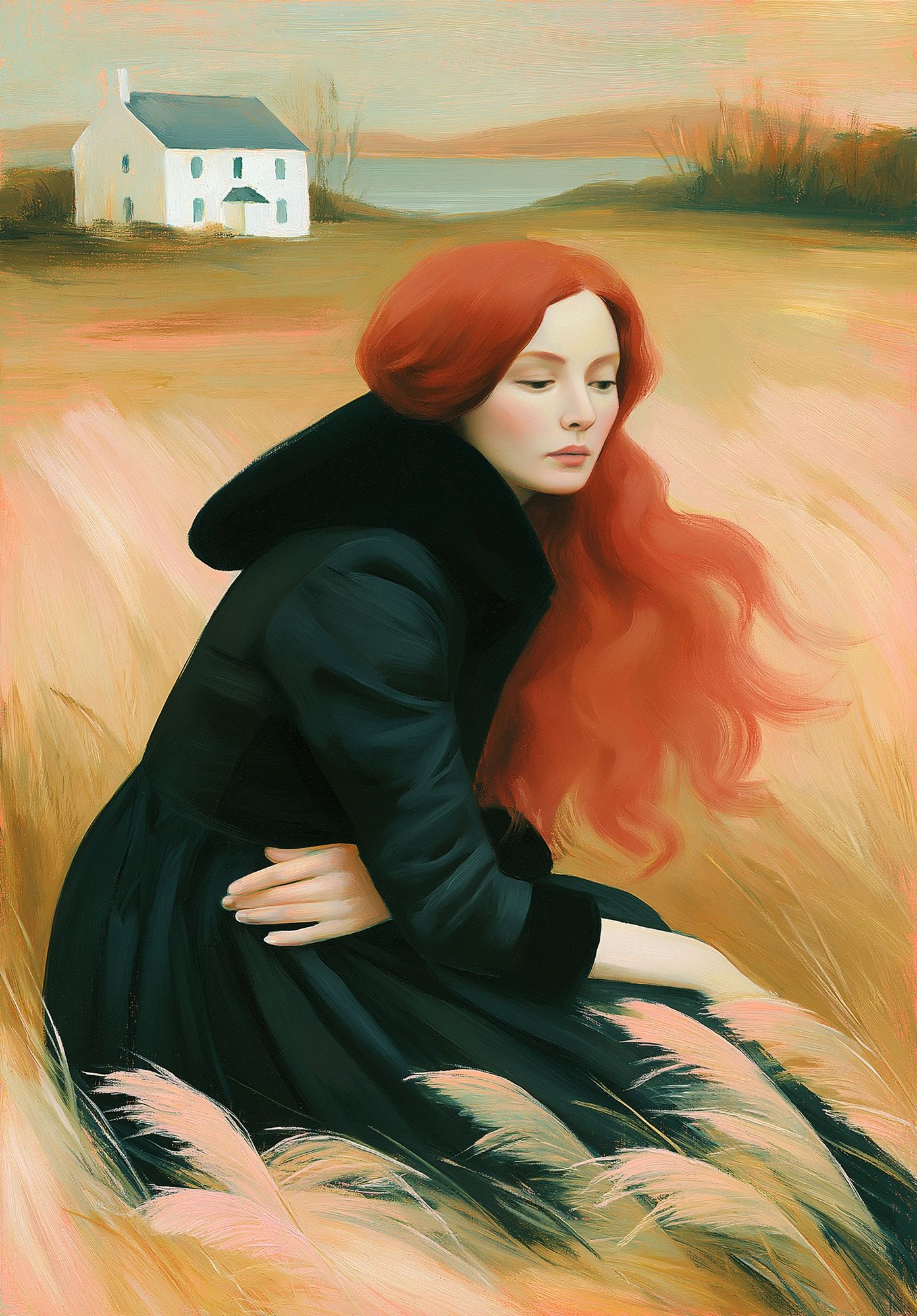 Red-Haired Woman in Field Print. poster — fine-art art