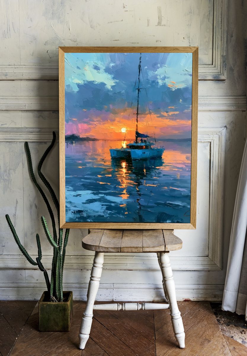 Sunset Sailboat Seascape Print. — room view 1