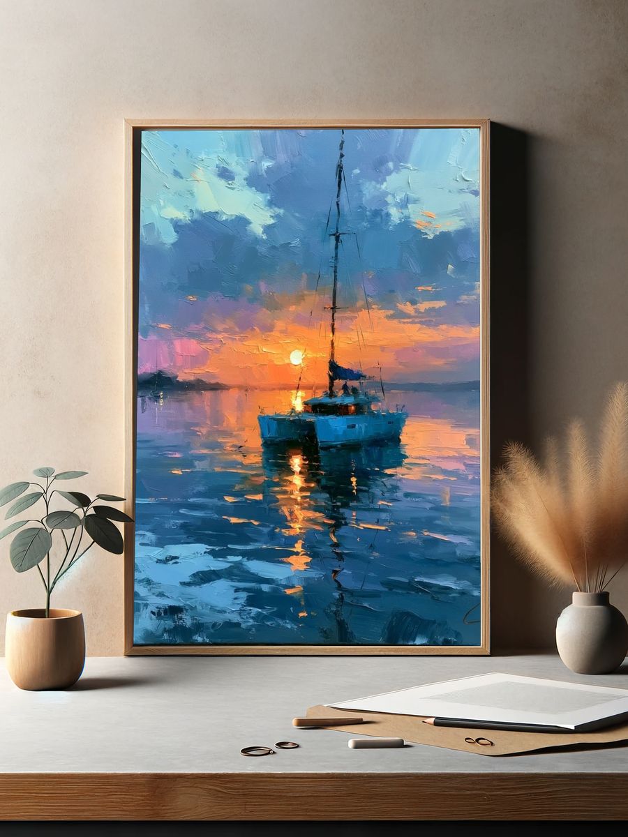 Sunset Sailboat Seascape Print. — room view 2