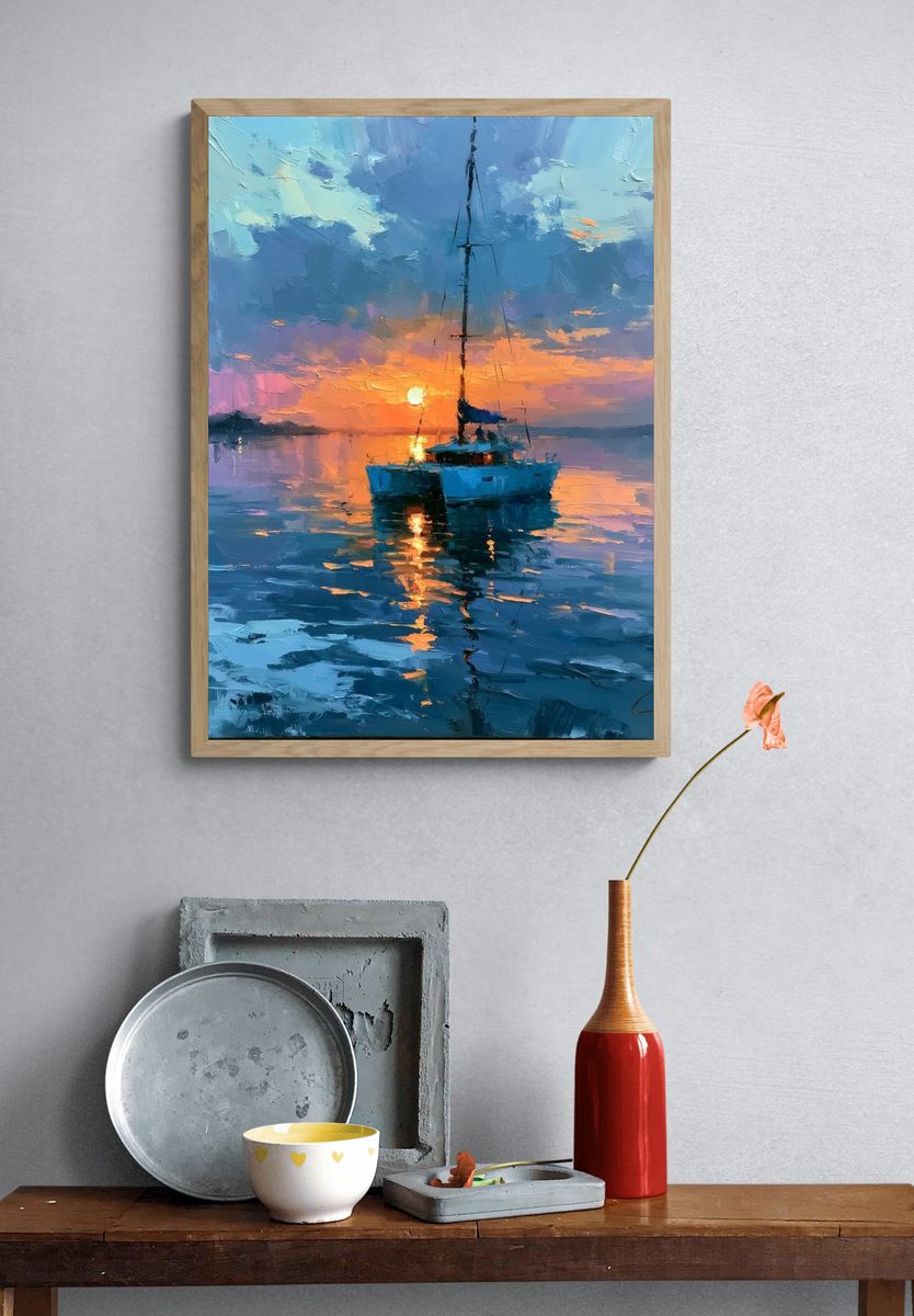 Sunset Sailboat Seascape Print. — room view 3