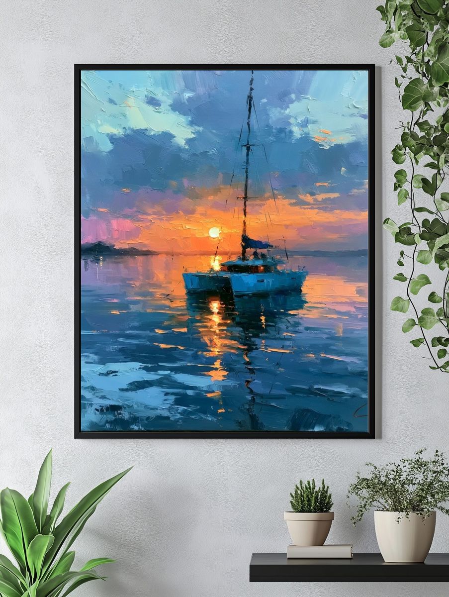 Sunset Sailboat Seascape Print. — room view 4