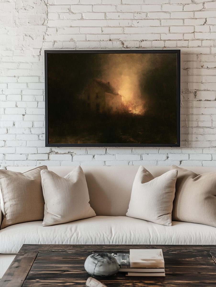 Burning House at Dusk Print. — room view 1