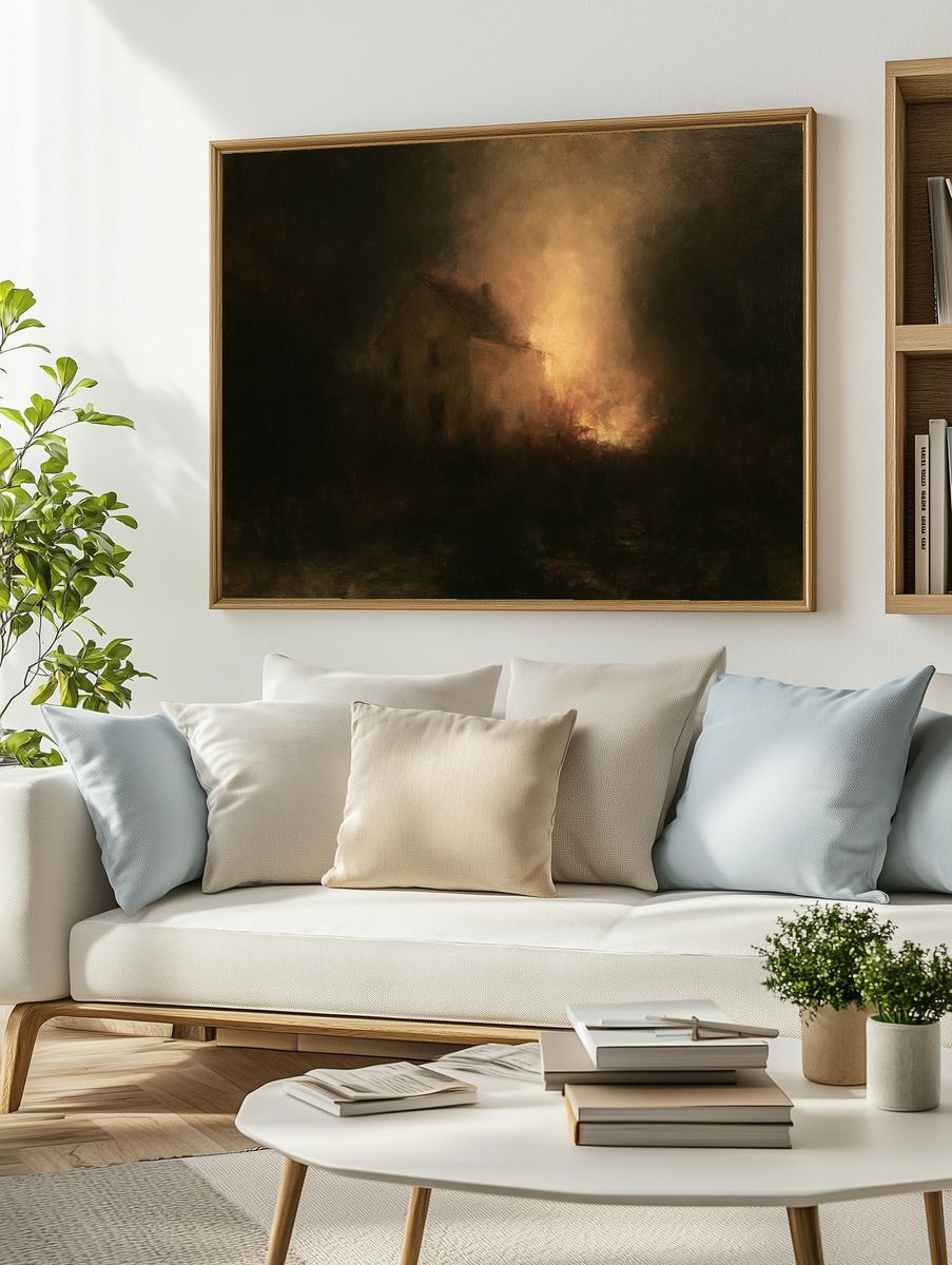 Burning House at Dusk Print. — room view 2