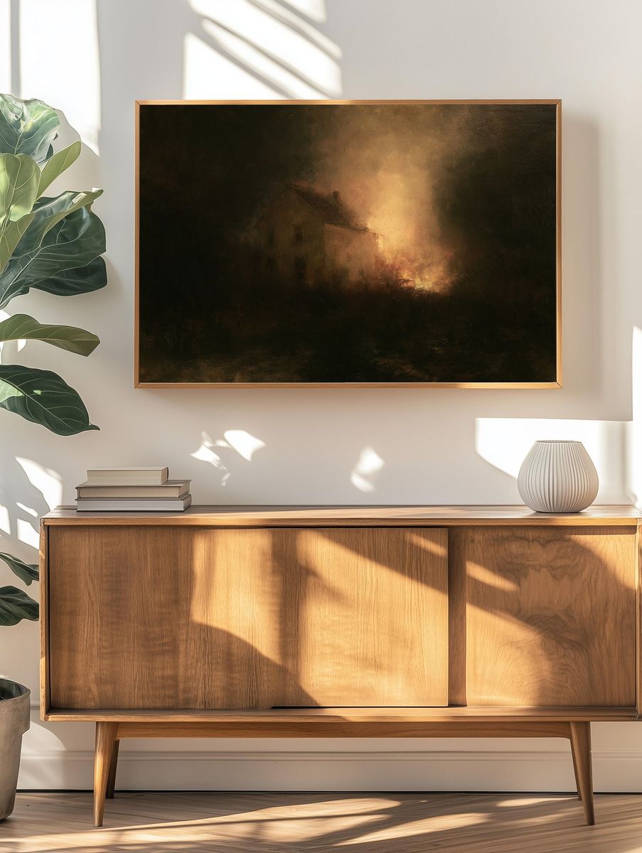 Burning House at Dusk Print. — room view 3