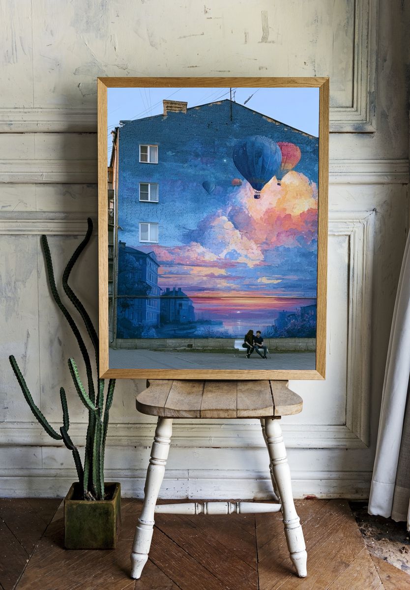 Hot Air Balloon Sunset Mural Print. room preview