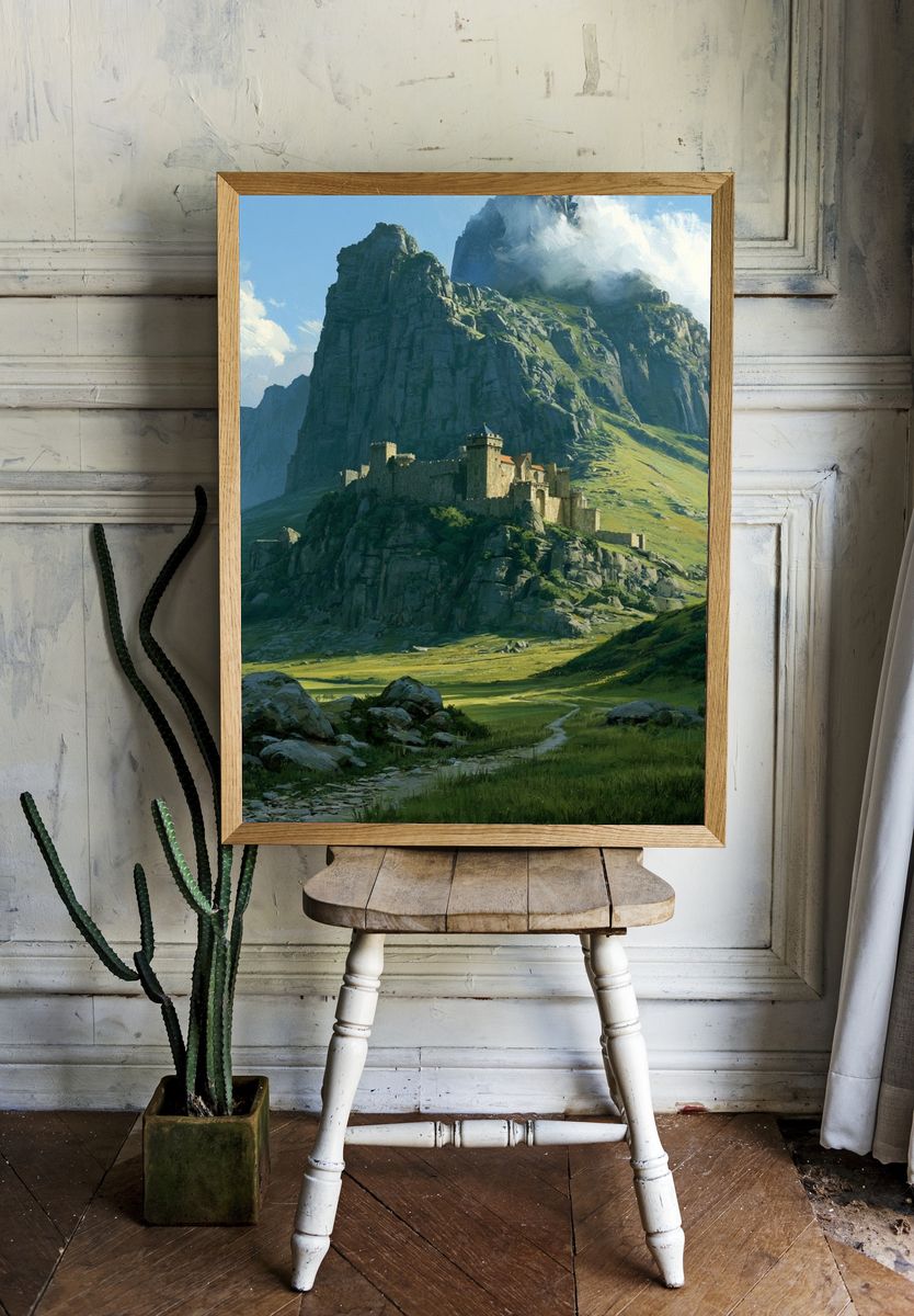 Mountain Castle Landscape Print. room preview