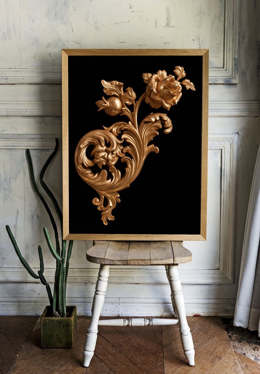 Golden Baroque Floral Print. room preview
