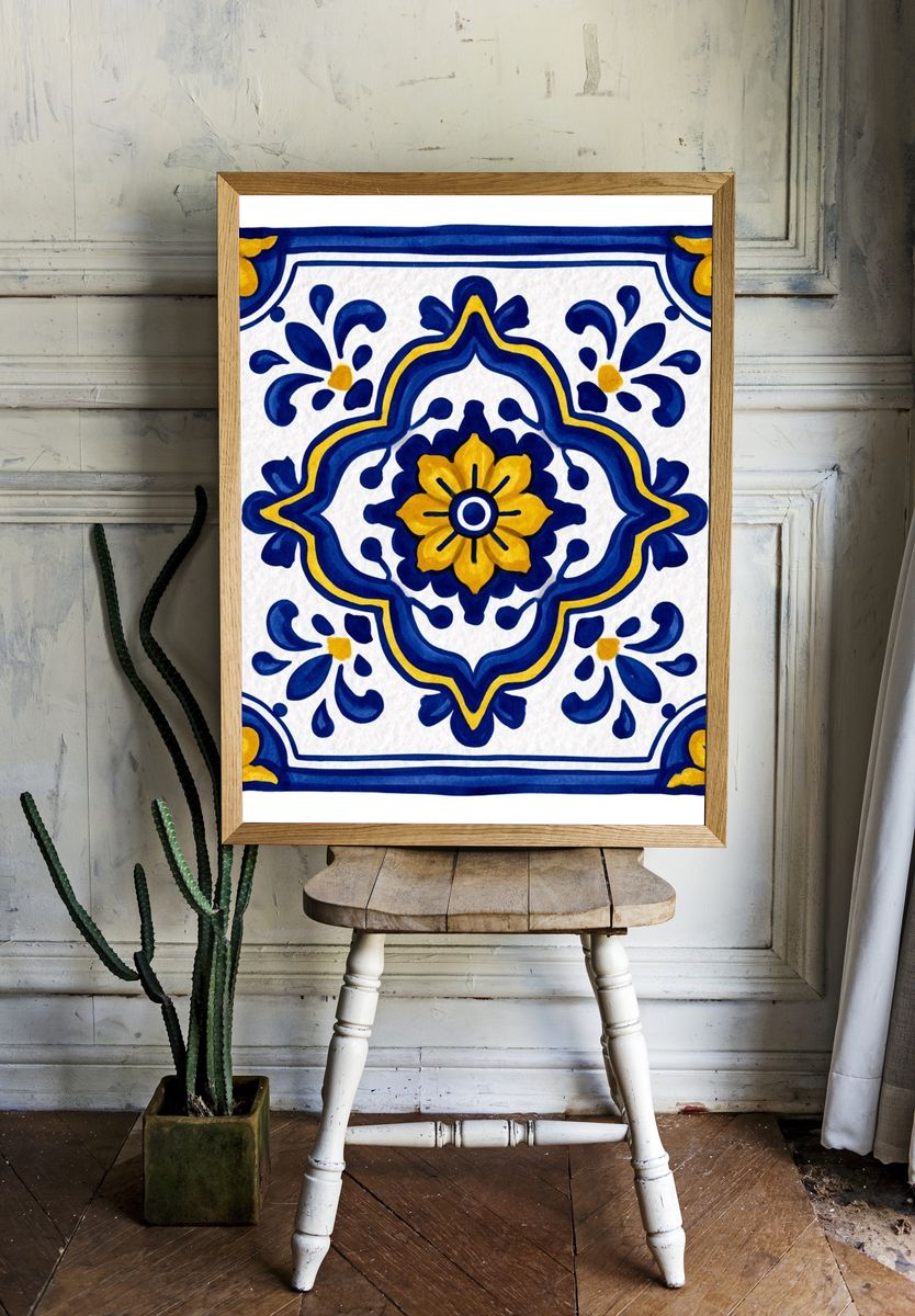 Blue and Yellow Tile Pattern Poster. room preview