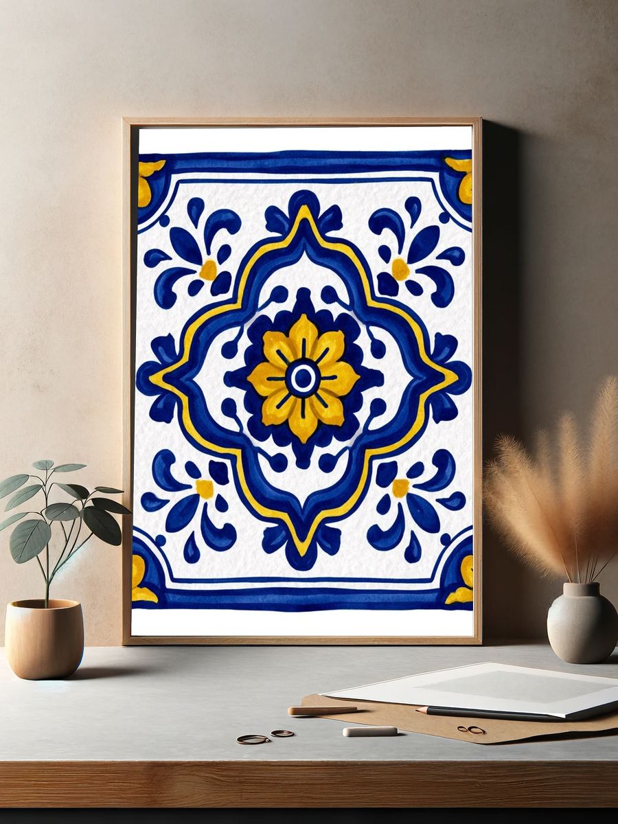 Blue and Yellow Tile Pattern Poster. — room view 2