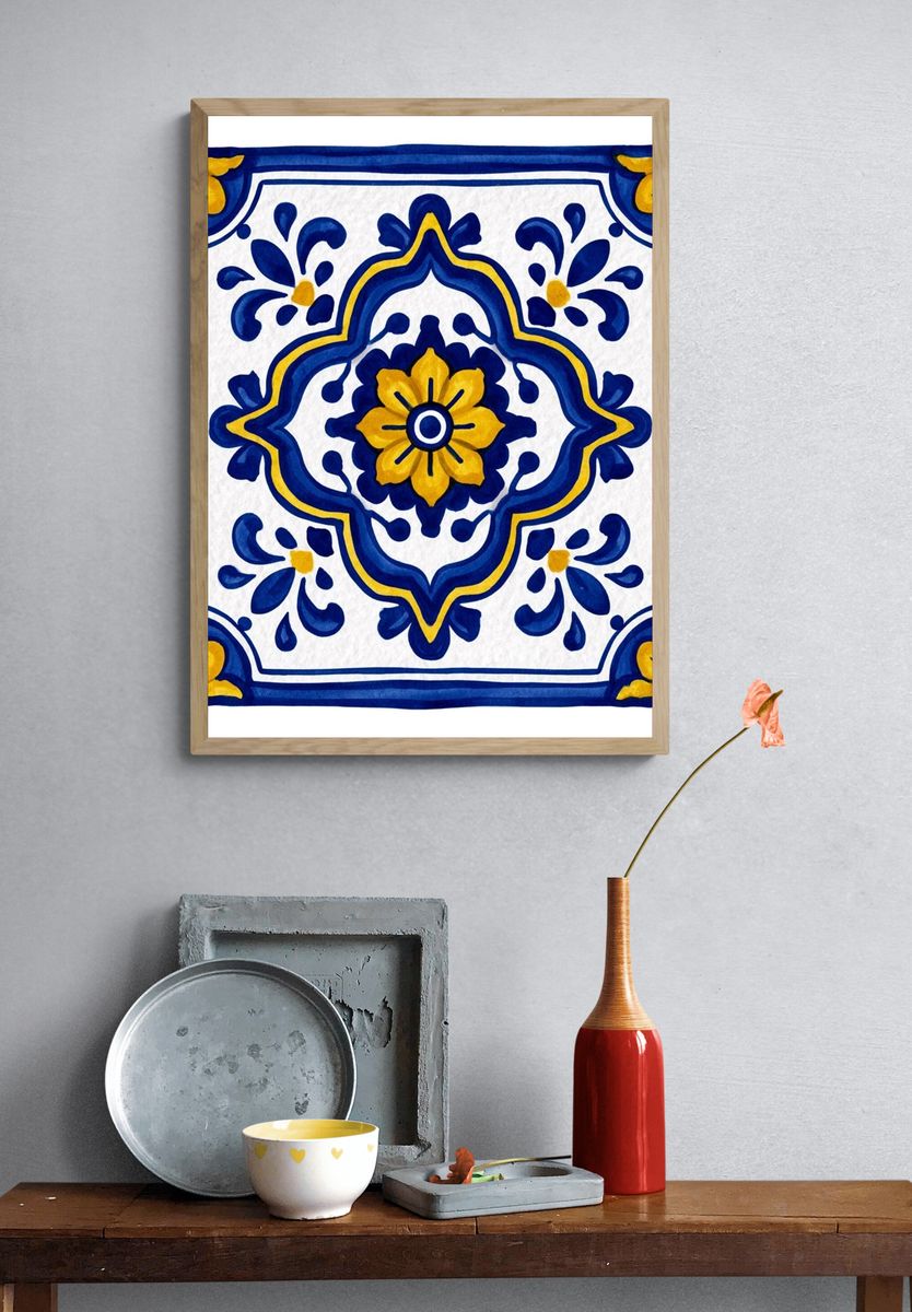 Blue and Yellow Tile Pattern Poster. — room view 3