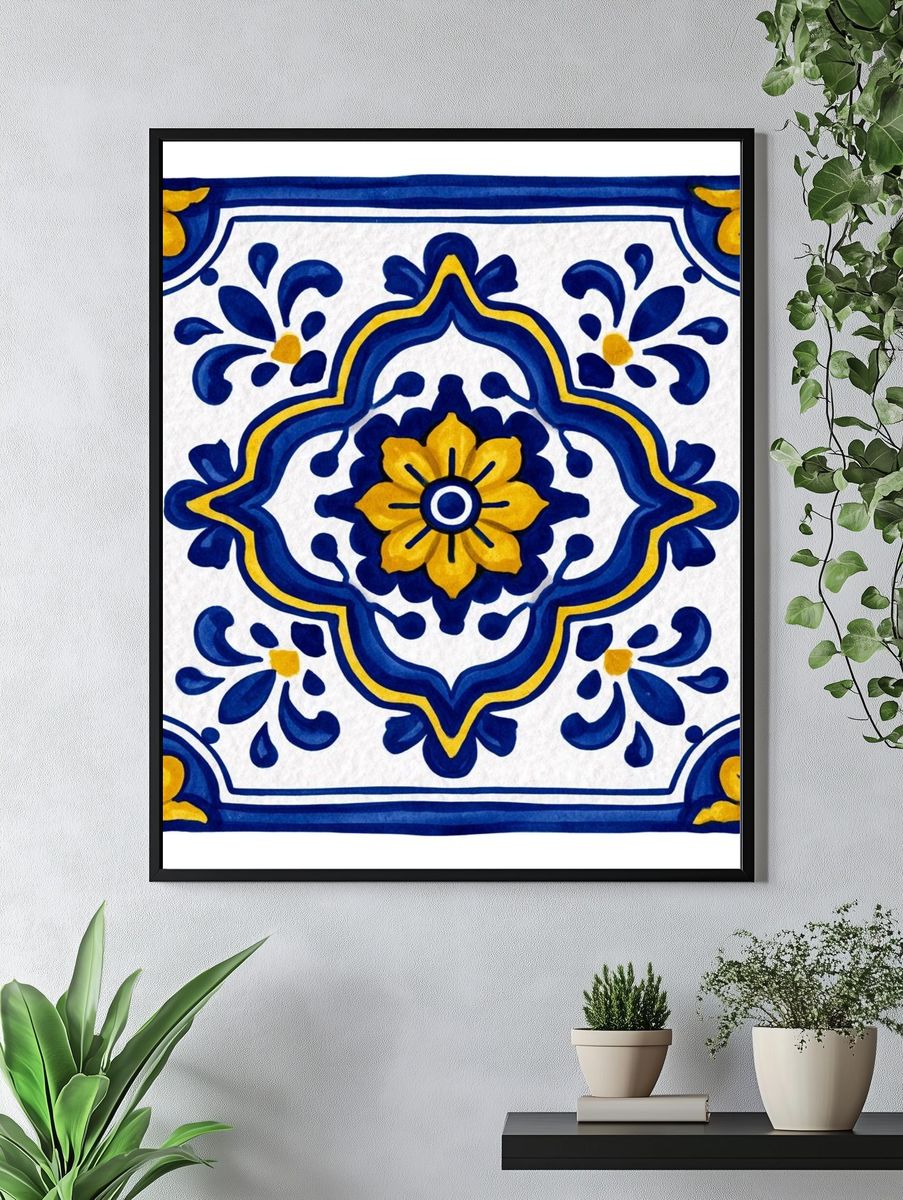 Blue and Yellow Tile Pattern Poster. — room view 4