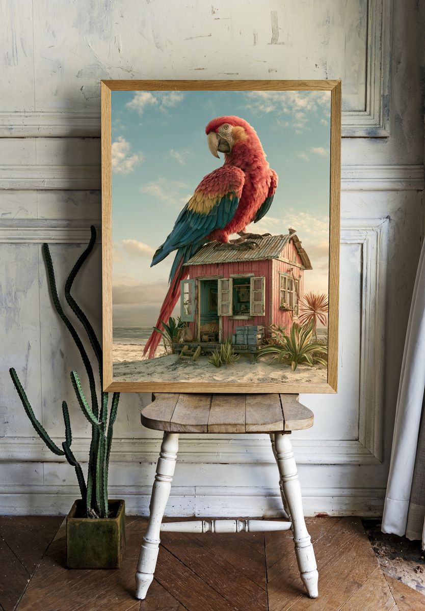 Tropical Parrot Beach House Print. room preview