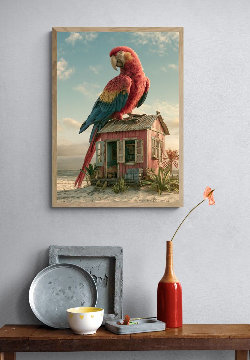 Tropical Parrot Beach House Print. — room view 3
