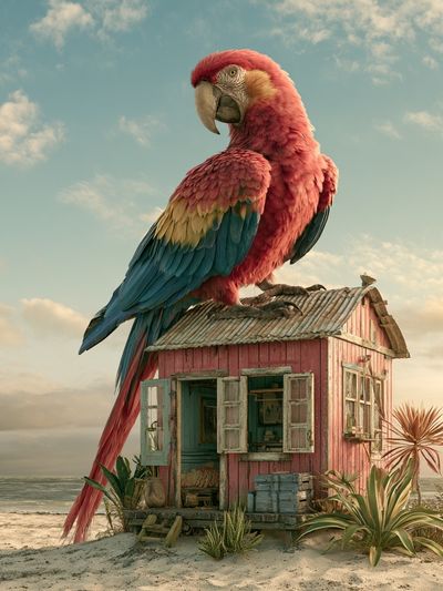 Tropical Parrot Beach House Print.