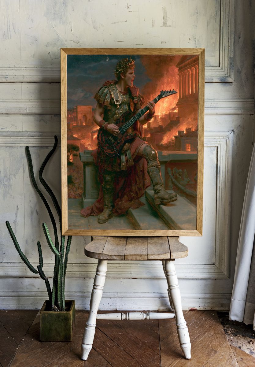 Roman Guitarist in Flames Print. — room view 1