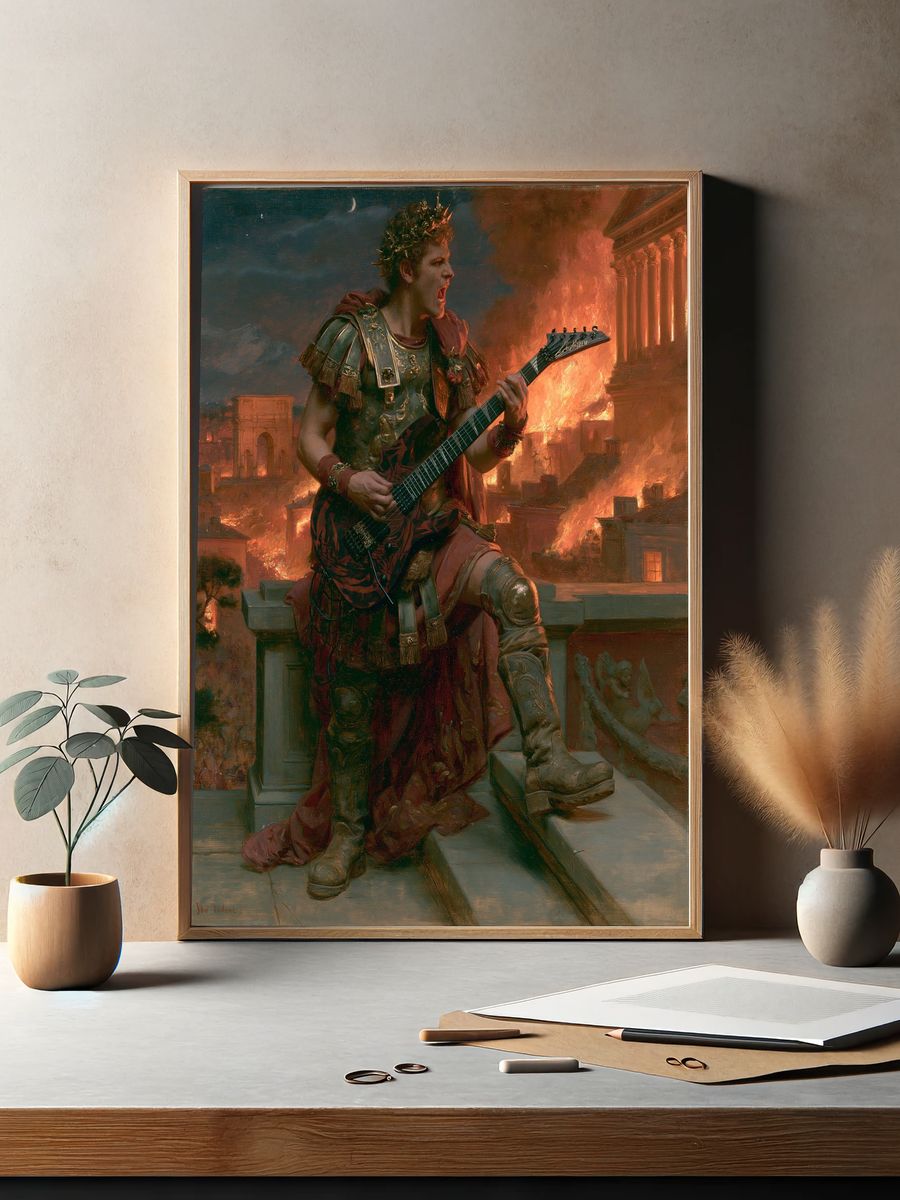Roman Guitarist in Flames Print. — room view 2
