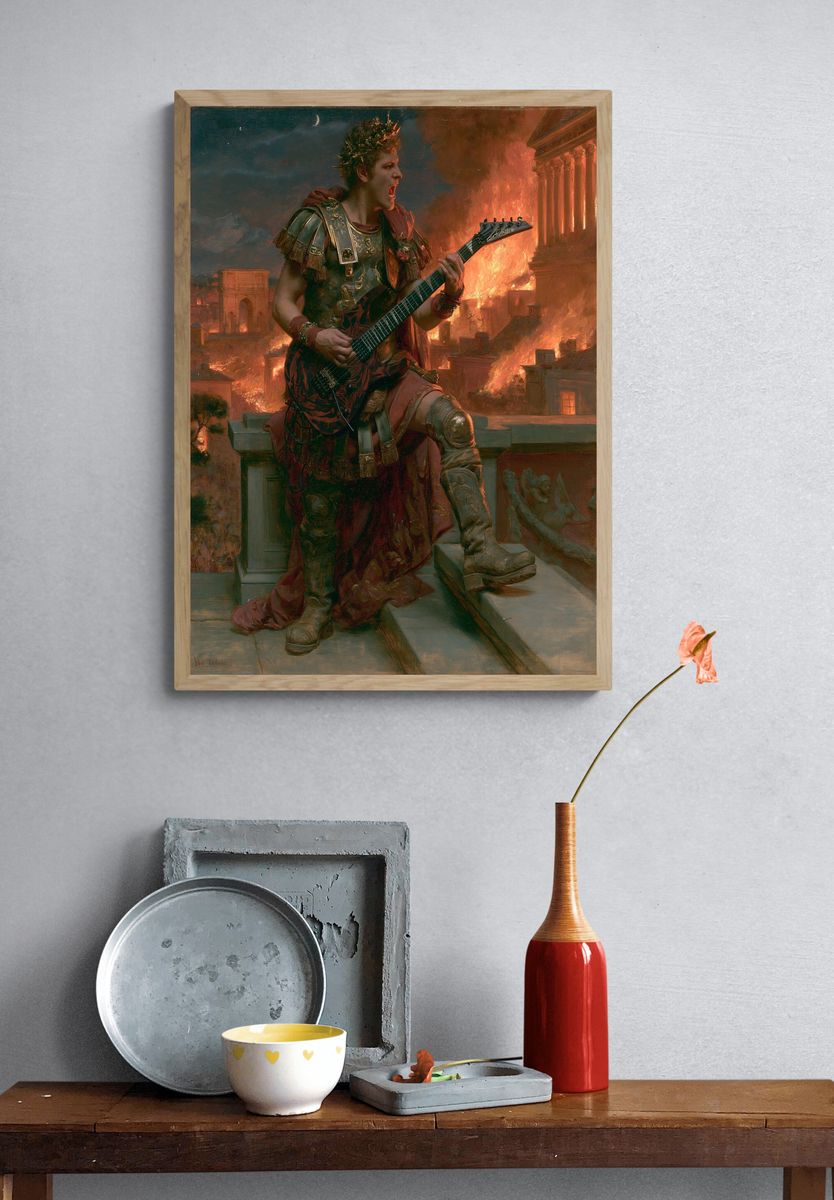 Roman Guitarist in Flames Print. — room view 3