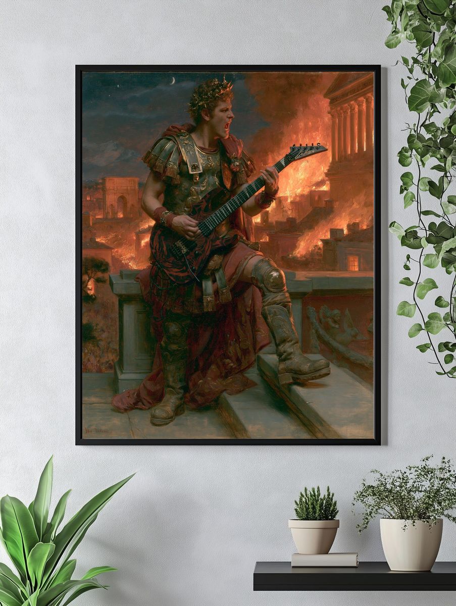 Roman Guitarist in Flames Print. — room view 4
