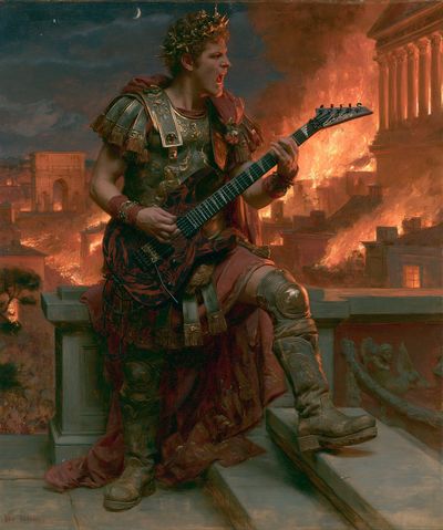 Roman Guitarist in Flames Print. poster
