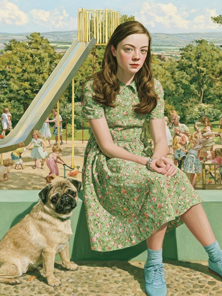 Girl and Pug in Park — Fine-Art Print. poster — fine-art art