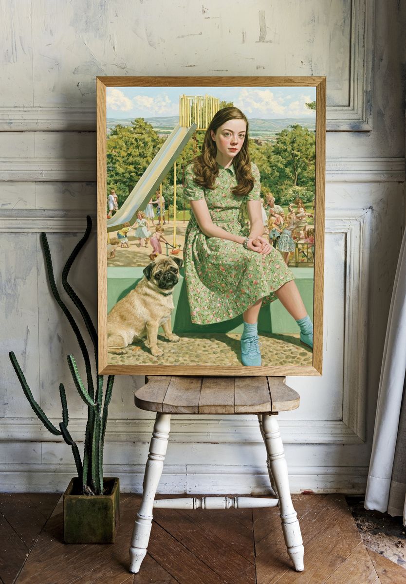 Girl and Pug in Park — Fine-Art Print. room preview