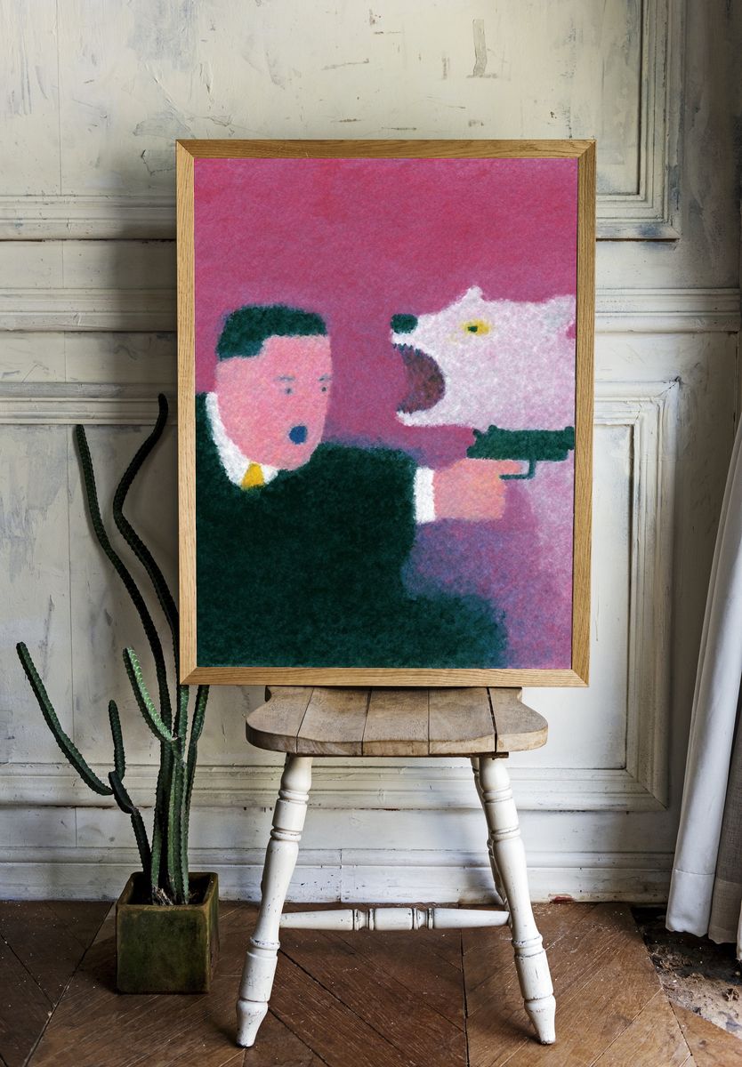 Surreal Gunman and Polar Bear Print. room preview