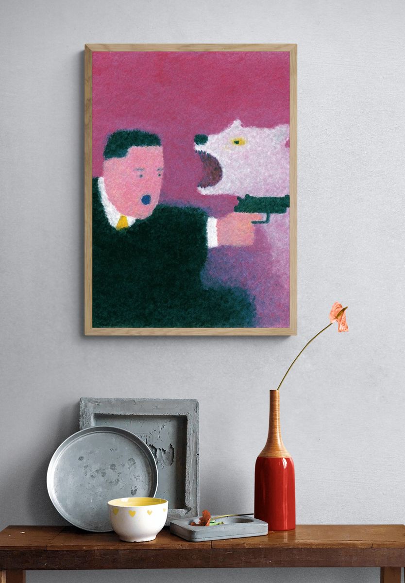 Surreal Gunman and Polar Bear Print. — room view 3