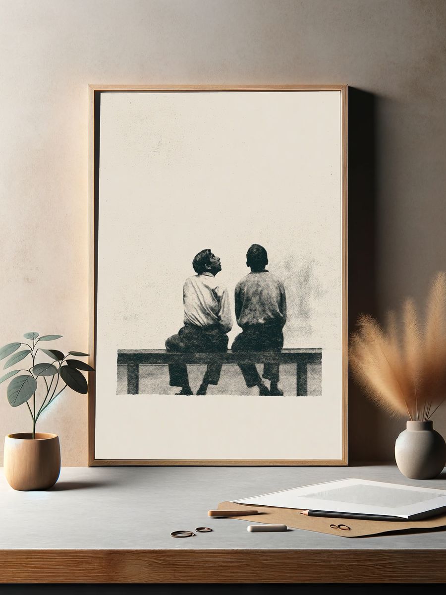 Two Men on Bench Fine-Art Print. — room view 2