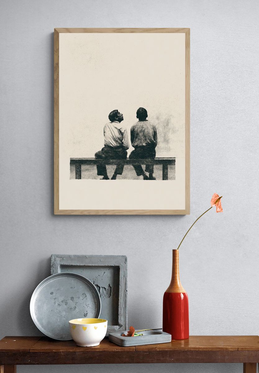 Two Men on Bench Fine-Art Print. — room view 3