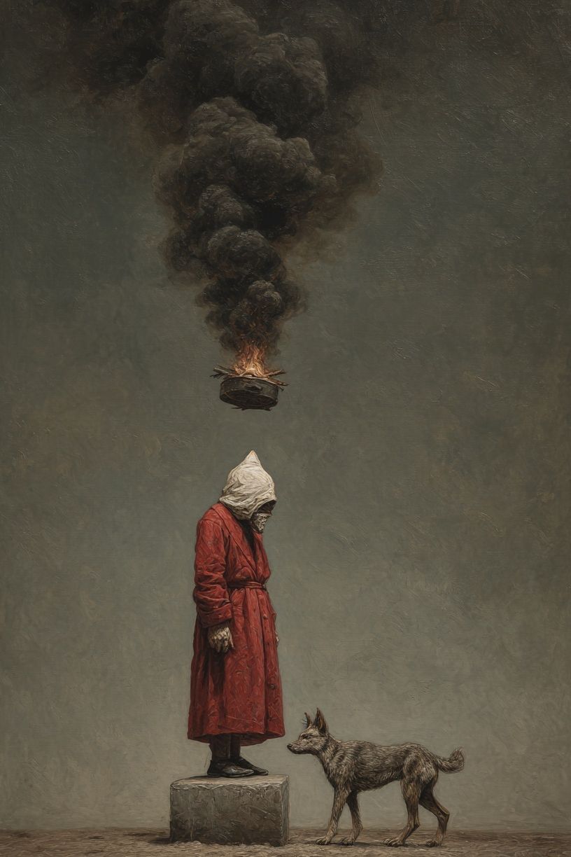 Surreal Hooded Figure and Dog Print. poster — fine-art art