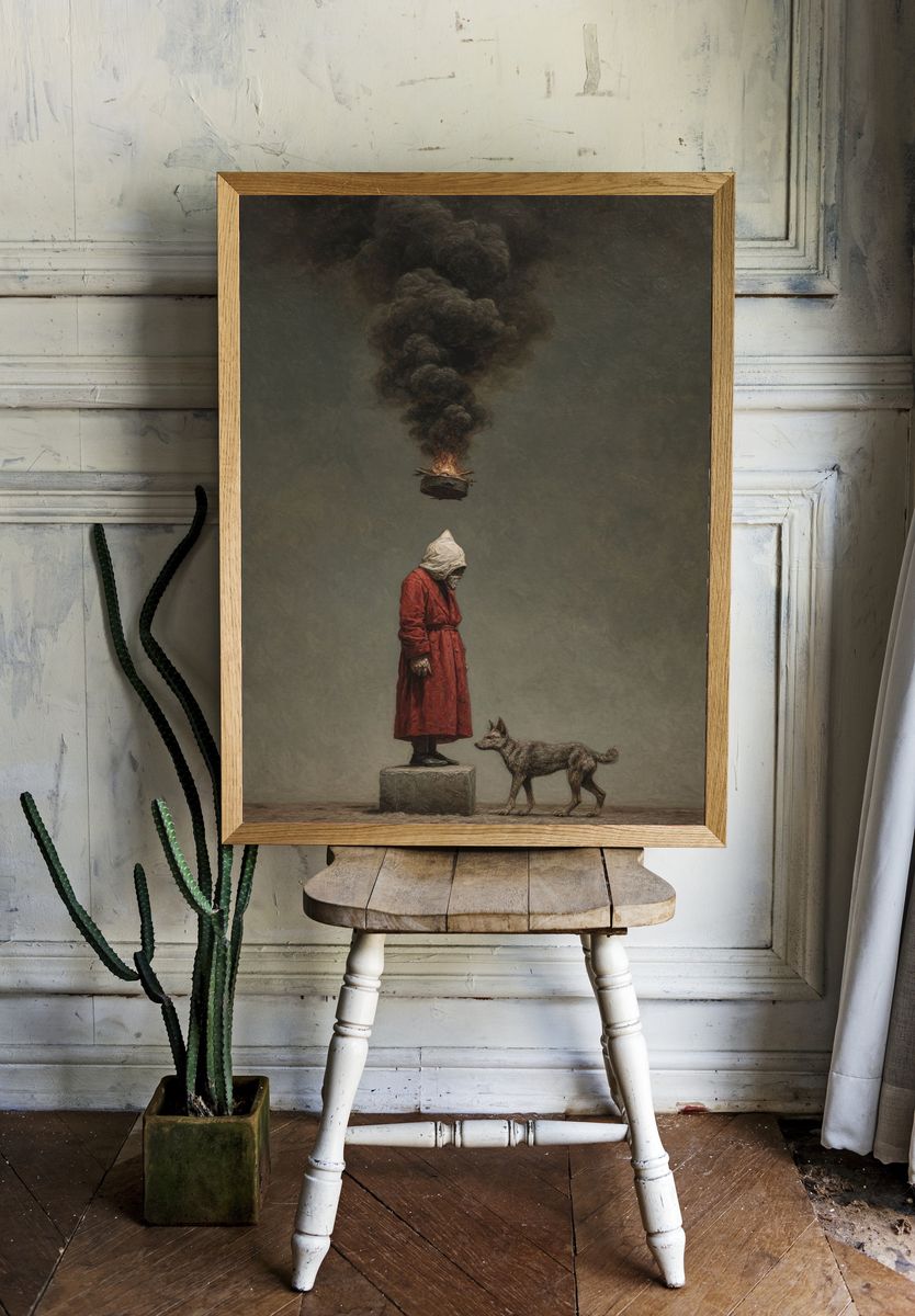 Surreal Hooded Figure and Dog Print. room preview