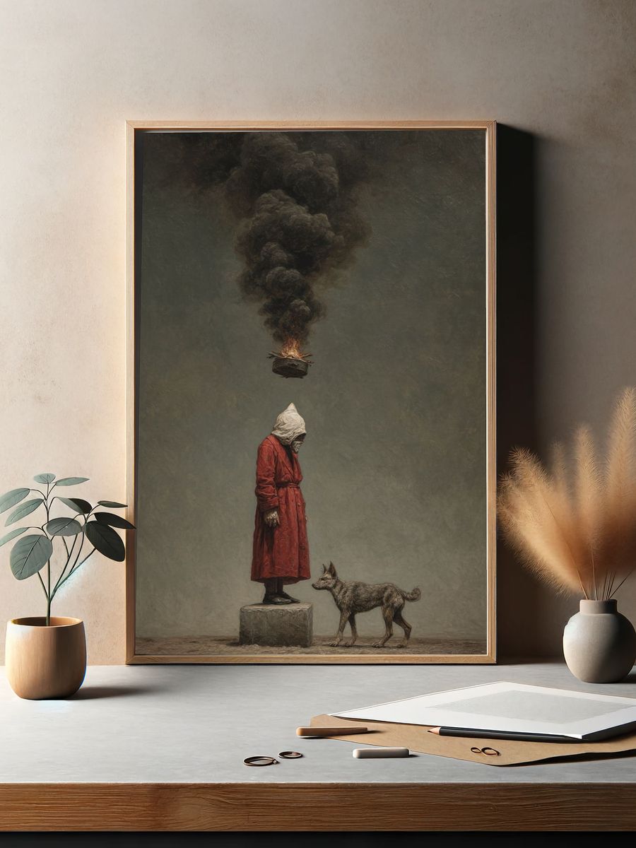 Surreal Hooded Figure and Dog Print. — room view 2