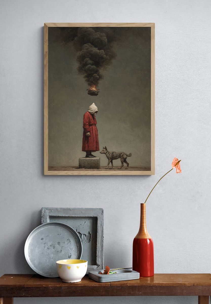 Surreal Hooded Figure and Dog Print. — room view 3