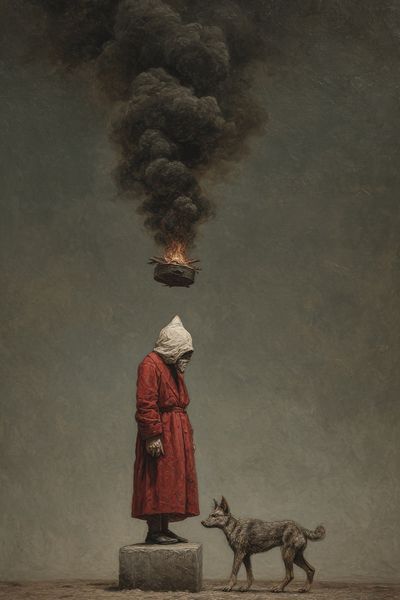 Surreal Hooded Figure and Dog Print.