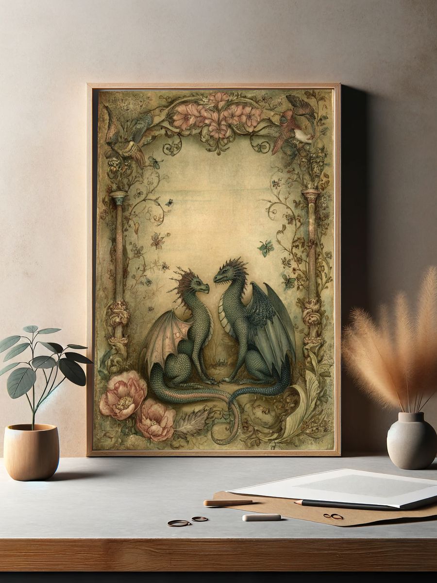 Twin Dragons Art Nouveau Poster. — room view 2