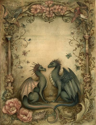 Twin Dragons Art Nouveau Poster. poster print