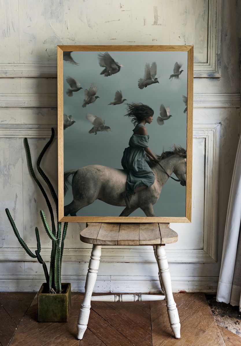 Girl on Horse Surrealism Print. room preview
