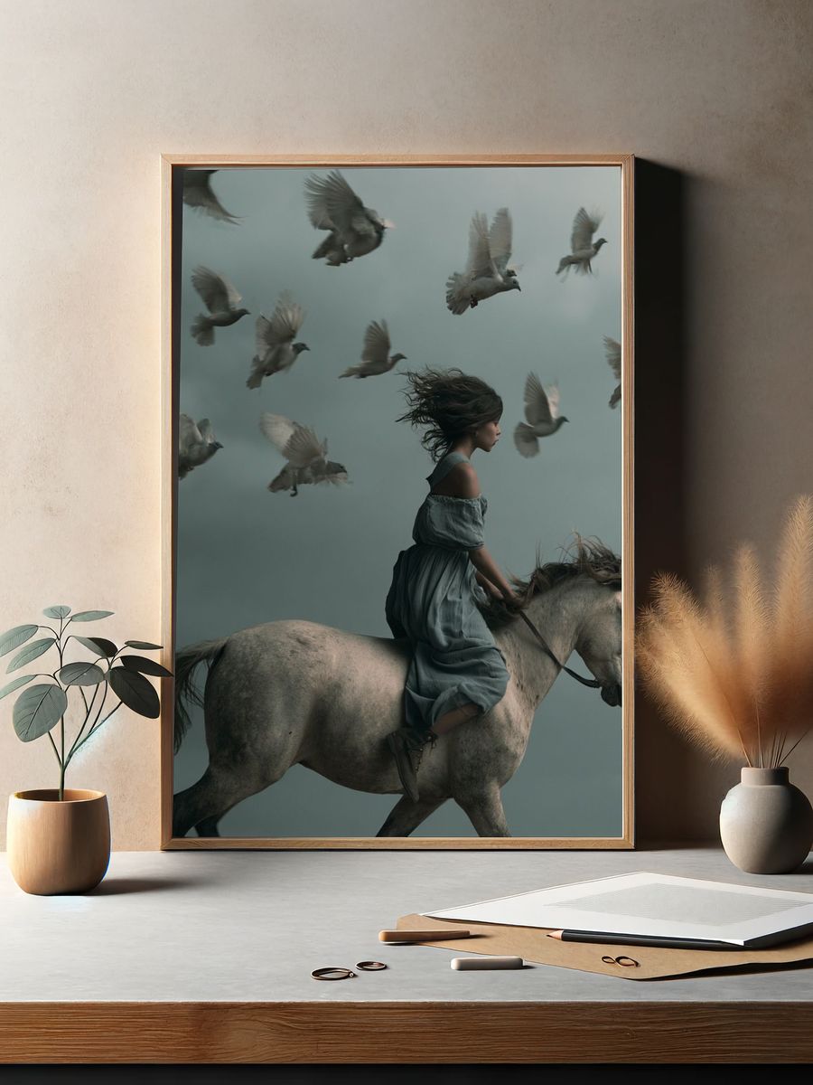 Girl on Horse Surrealism Print. — room view 2