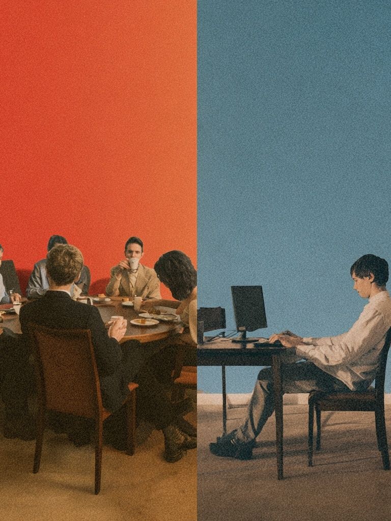 Split Scene Dinner and Desk Poster. poster detail