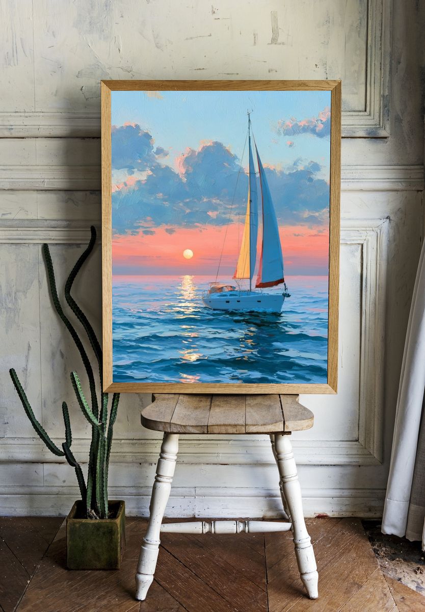 Sailboat Sunset Seascape Print. room preview