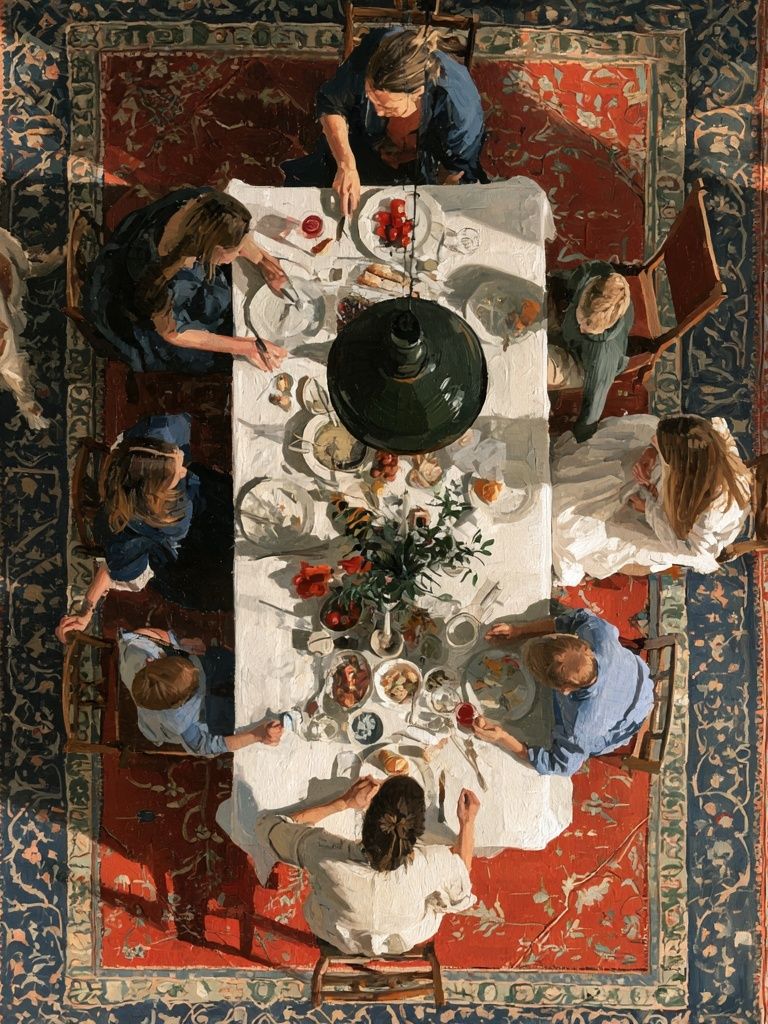 Overhead Family Dinner Painting Poster. poster detail